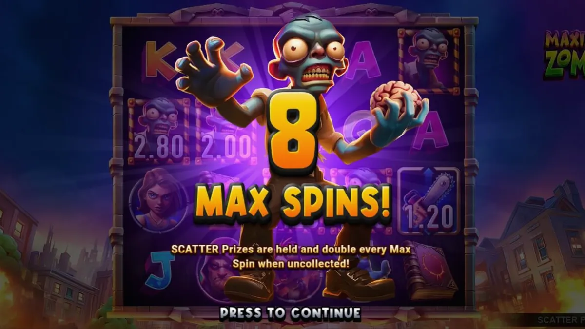 Maximum Zombie slot game screen na nagpapakita ng mga zombie at survivor theme.